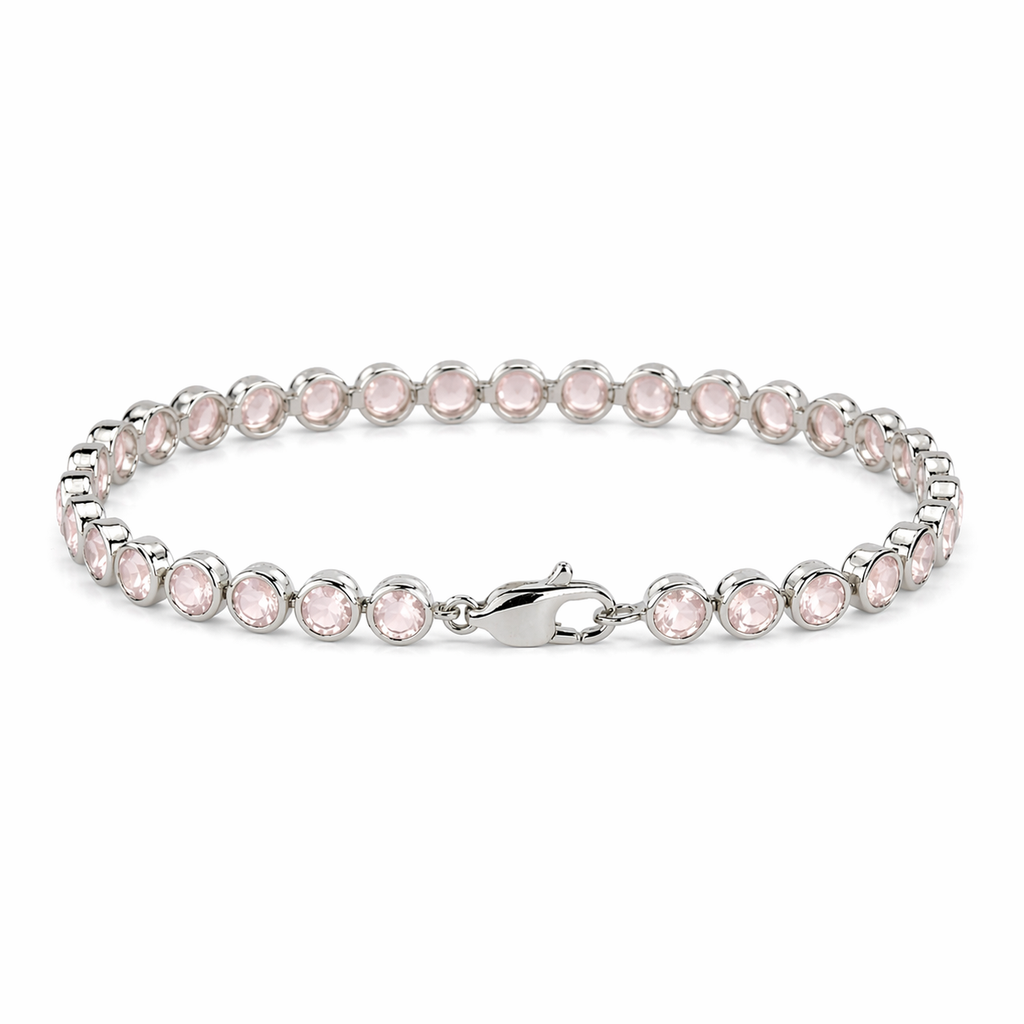 Natural Round Rose Quartz Bezel Tennis Silver Bracelet 7.5 inches