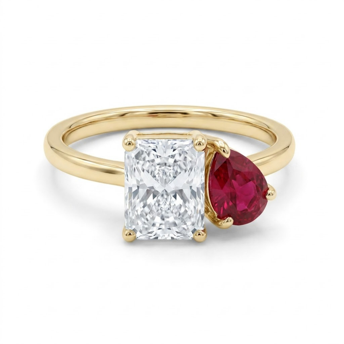 2.74 Cttw Pear Emerald, Ruby, Sapphire and Lab Diamond 14K Yellow Gold Toi et Moi Ring