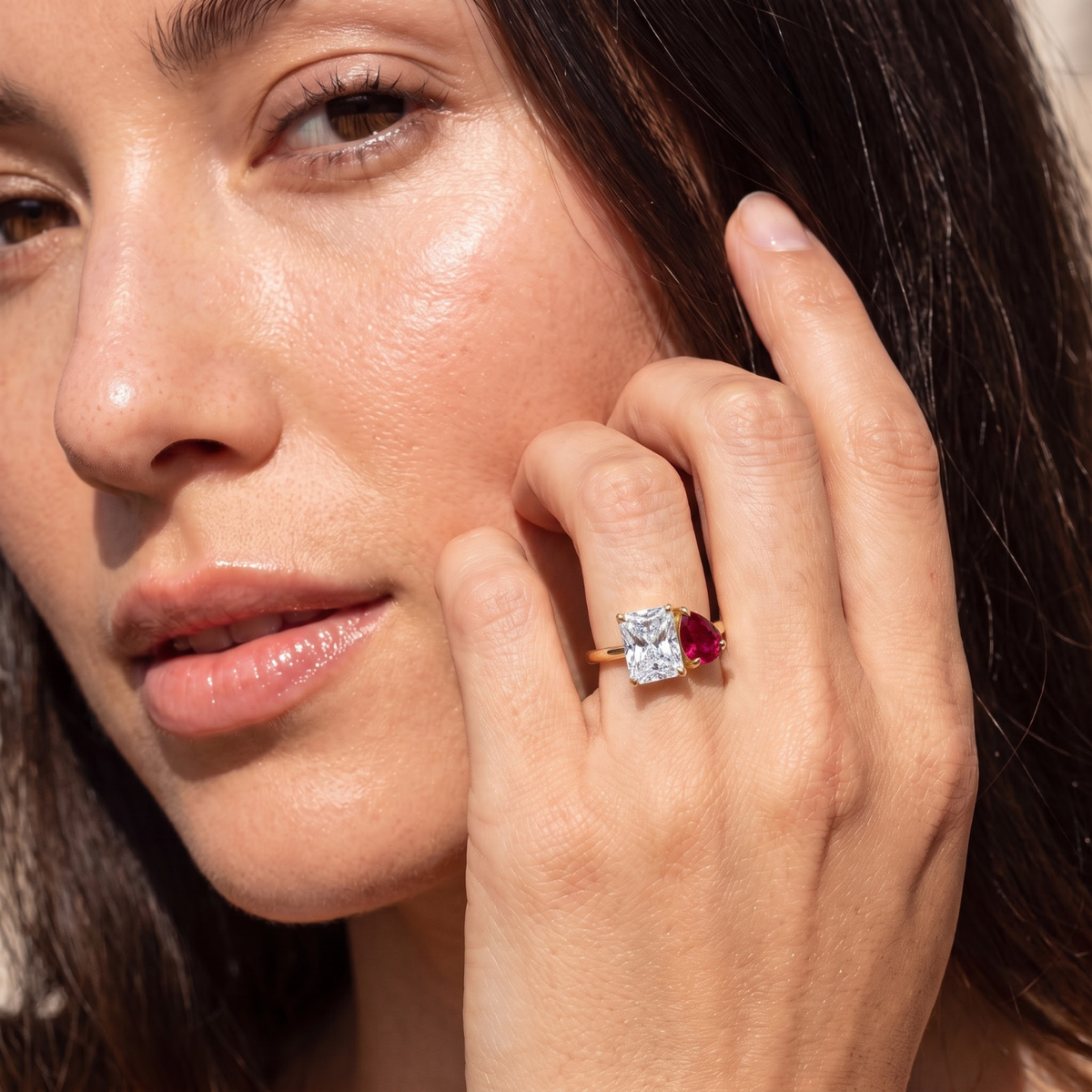 2.74 Cttw Pear Emerald, Ruby, Sapphire and Lab Diamond 14K Yellow Gold Toi et Moi Ring