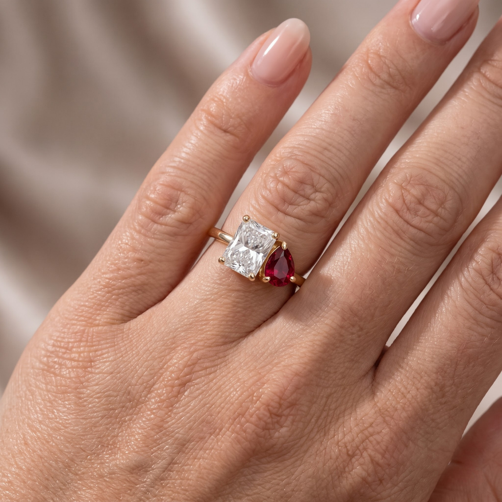 2.74 Cttw Pear Emerald, Ruby, Sapphire and Lab Diamond 14K Yellow Gold Toi et Moi Ring