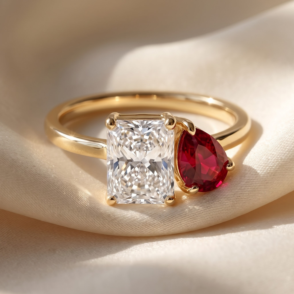 2.74 Cttw Pear Emerald, Ruby, Sapphire and Lab Diamond 14K Yellow Gold Toi et Moi Ring
