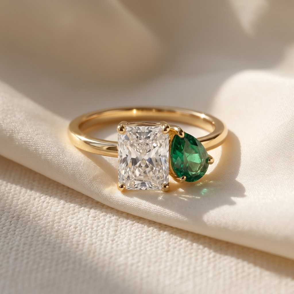 2.74 Cttw Pear Emerald, Ruby, Sapphire and Lab Diamond 14K Yellow Gold Toi et Moi Ring