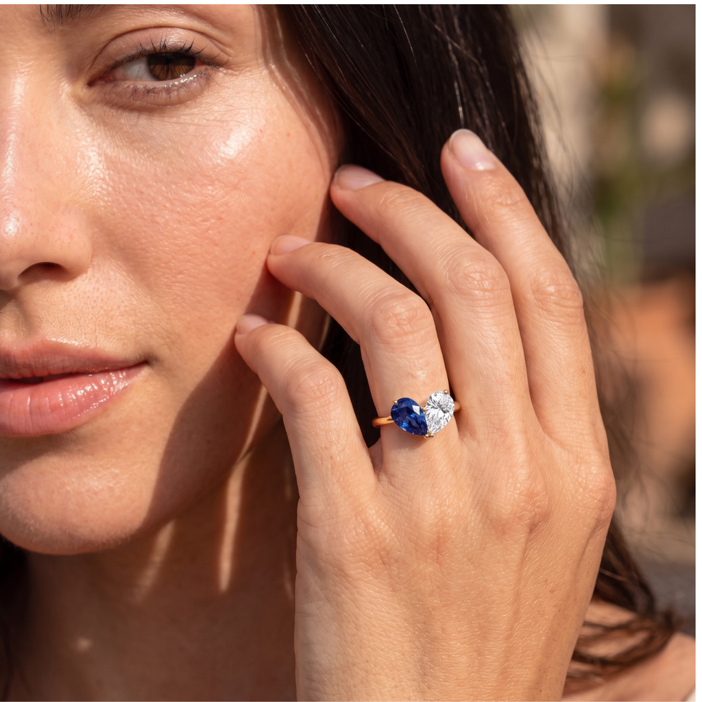 3.26 Cttw Pear Emerald, Ruby, Sapphire and Lab Diamond 14K Yellow Gold Toi et Moi Heart Ring