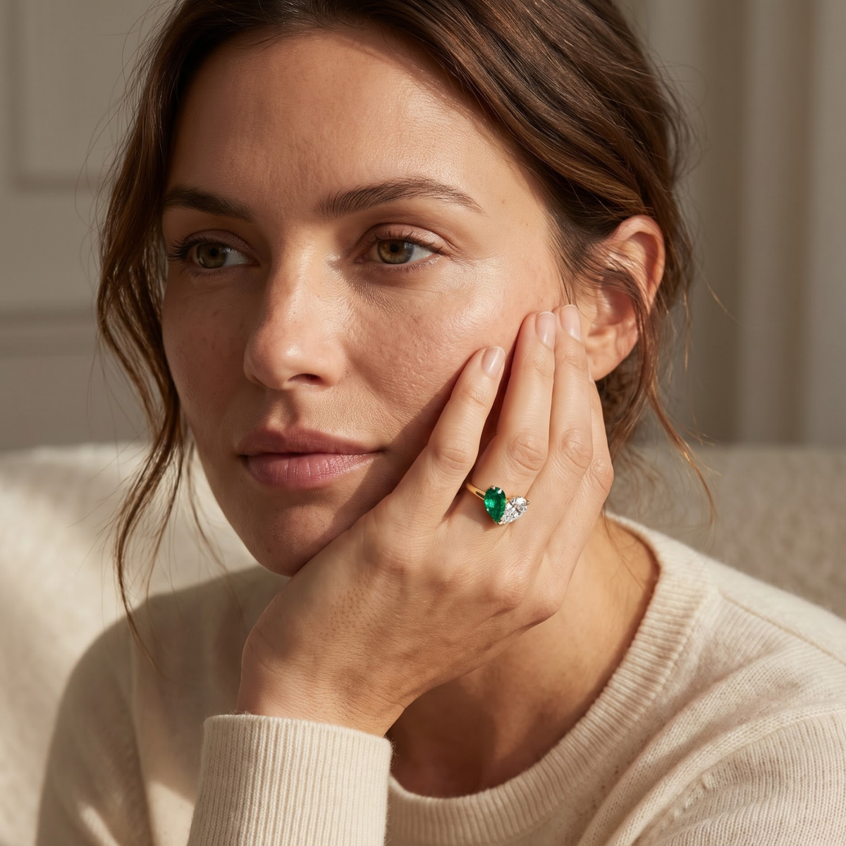 3.26 Cttw Pear Emerald, Ruby, Sapphire and Lab Diamond 14K Yellow Gold Toi et Moi Heart Ring