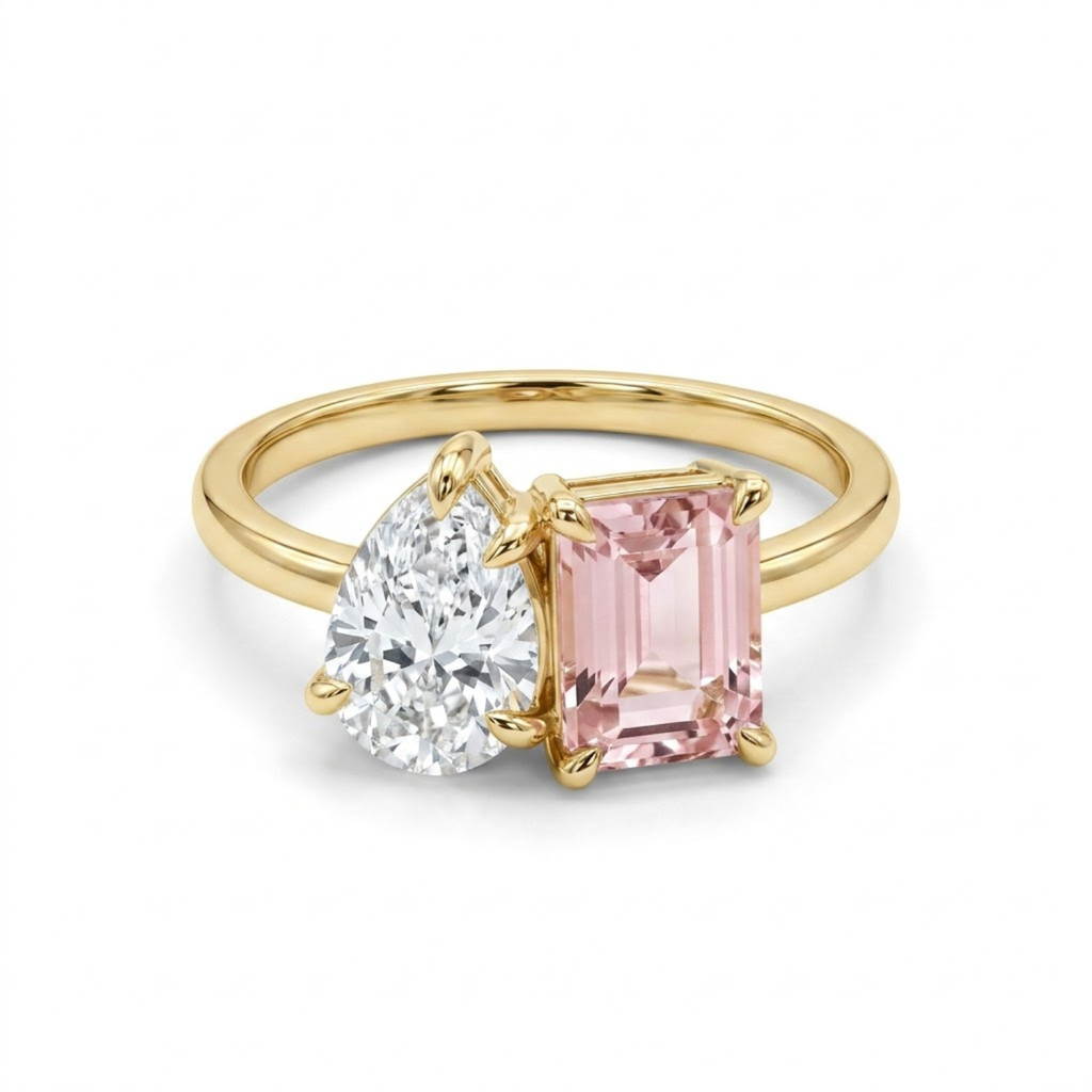 2.450 Cttw Octagon Morganite , Sapphire, Emerald and Lab Diamond 14K Yellow Gold Toi Et Moi Ring