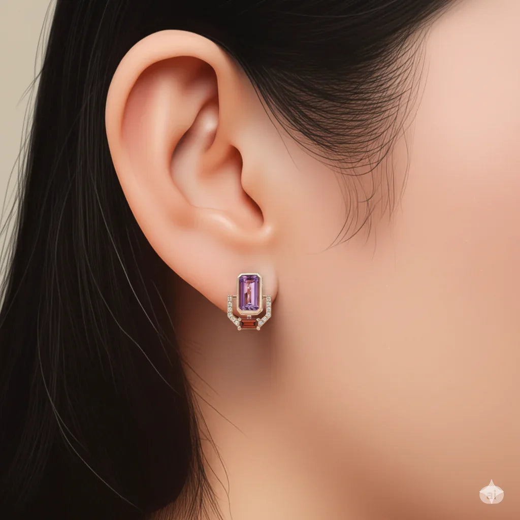 Emerald Cut Purple Amethyst Silver Stud Earrings