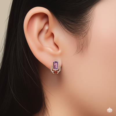 Emerald Cut Purple Amethyst Silver Stud Earrings