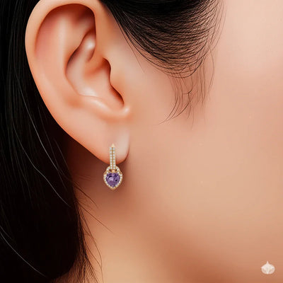 Natural Amethyst Heart Leverback Silver Drop Earrings