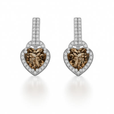 Natural Brown Quartz Heart Sterling Silver Earrings