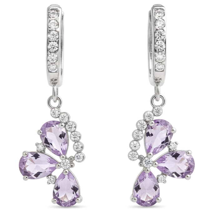 Natural Amethyst Three Stone Silver Dangle Earrings