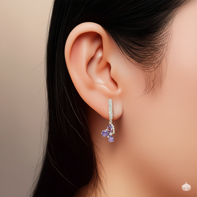 Natural Amethyst Three Stone Silver Dangle Earrings