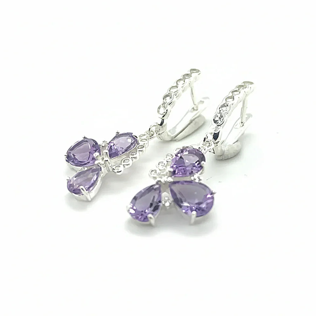 Natural Amethyst Three Stone Silver Dangle Earrings