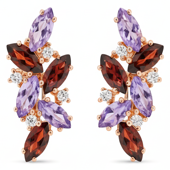 Natural Amethyst and Garnet Silver Cluster Earrings