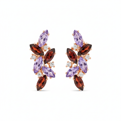 Natural Amethyst and Garnet Silver Cluster Earrings