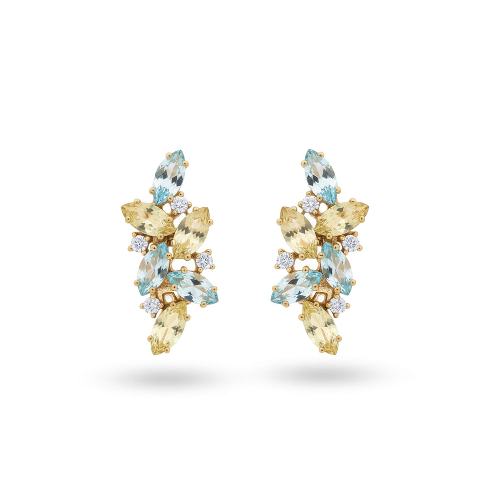 Natural Lemon Quartz and  Sky Blue Topaz Silver Cluster Earrings