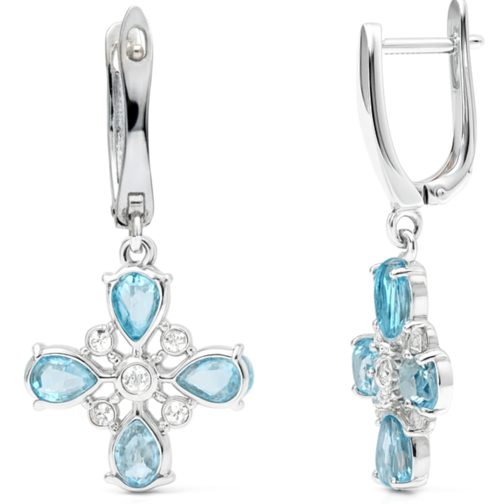 Natural Sky Blue Topaz Sterling Silver Floral Earrings