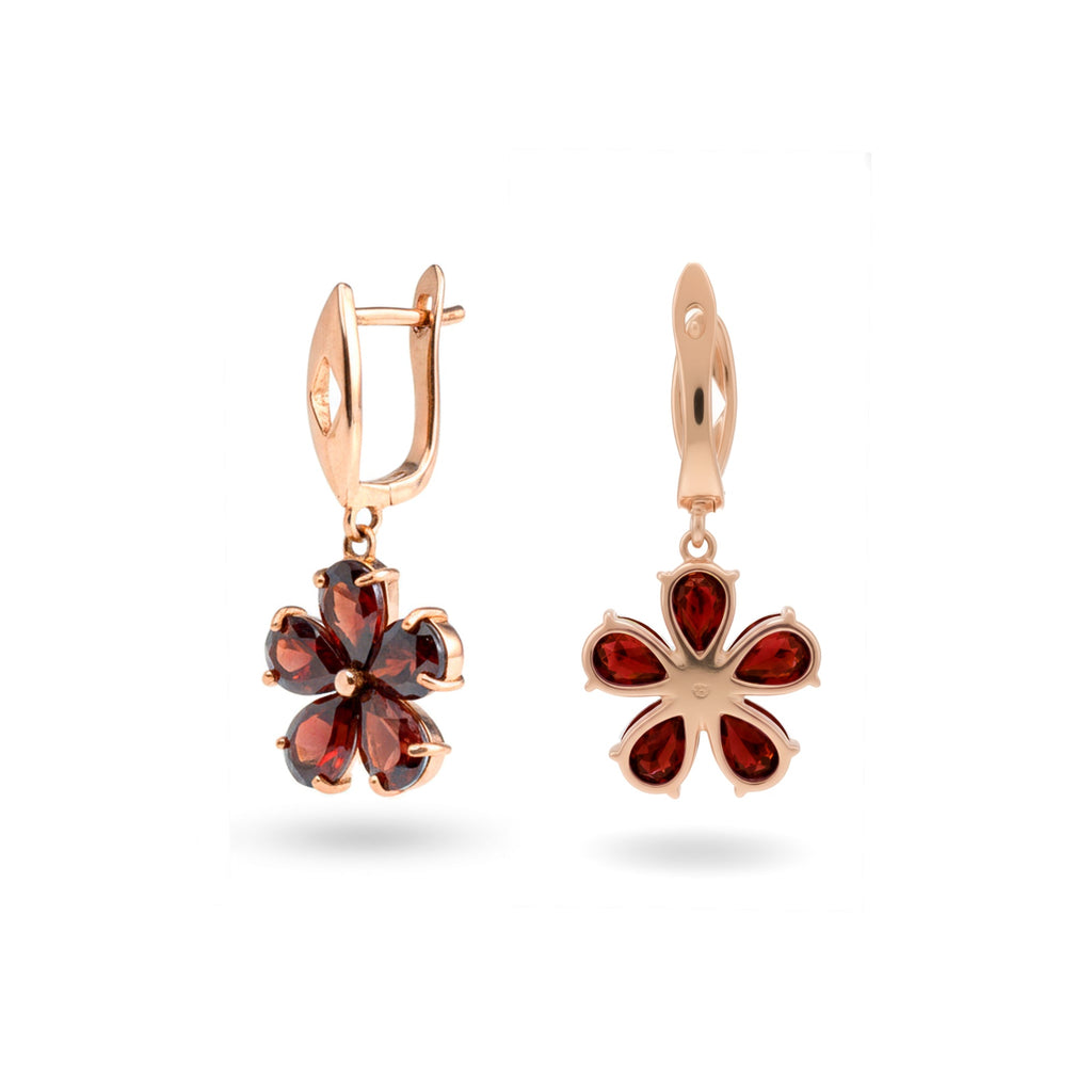 Natural Red Garnet Sterling Silver Flower Earrings