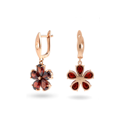 Natural Red Garnet Sterling Silver Flower Earrings