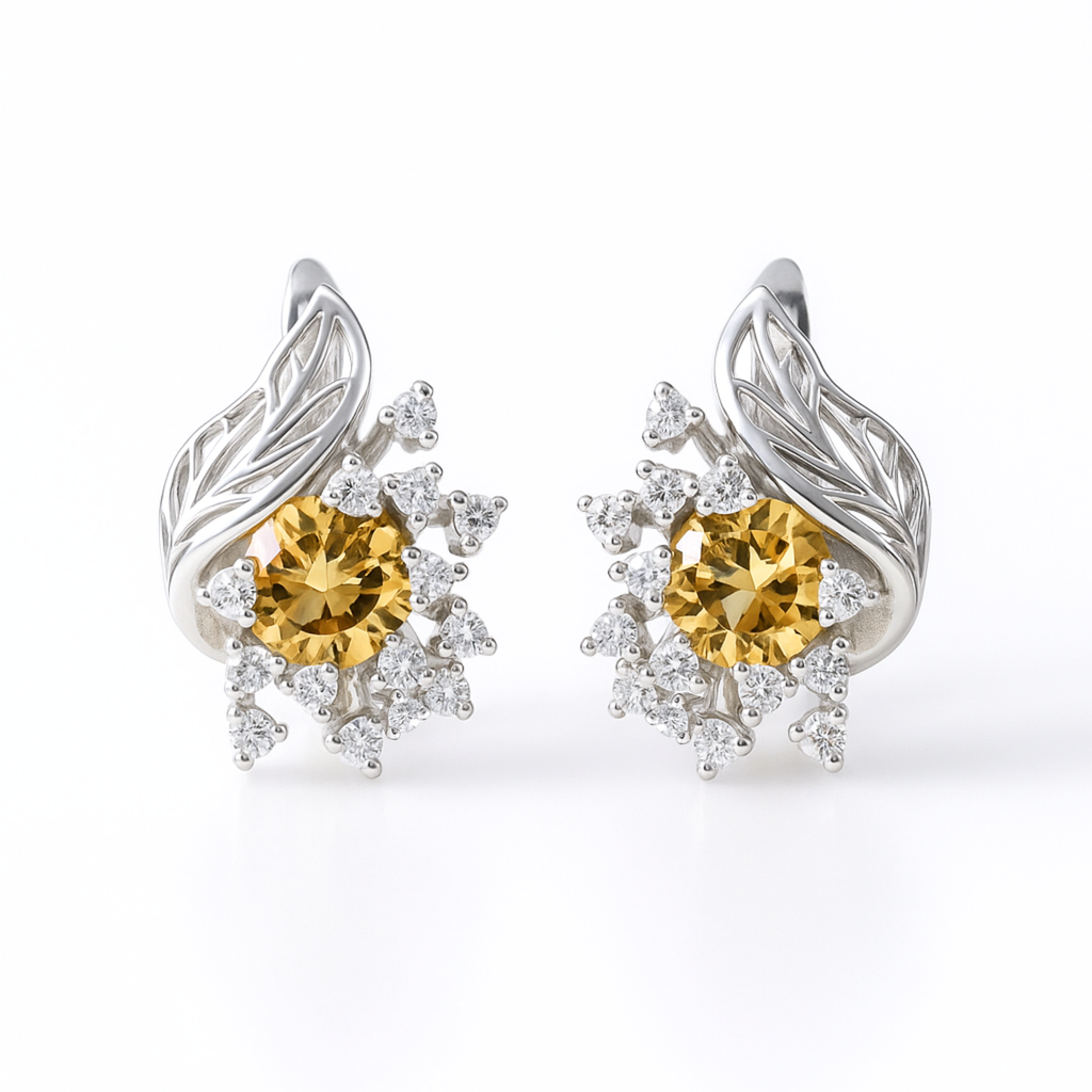 Yellow Natural Citrine Silver Floral Earrings