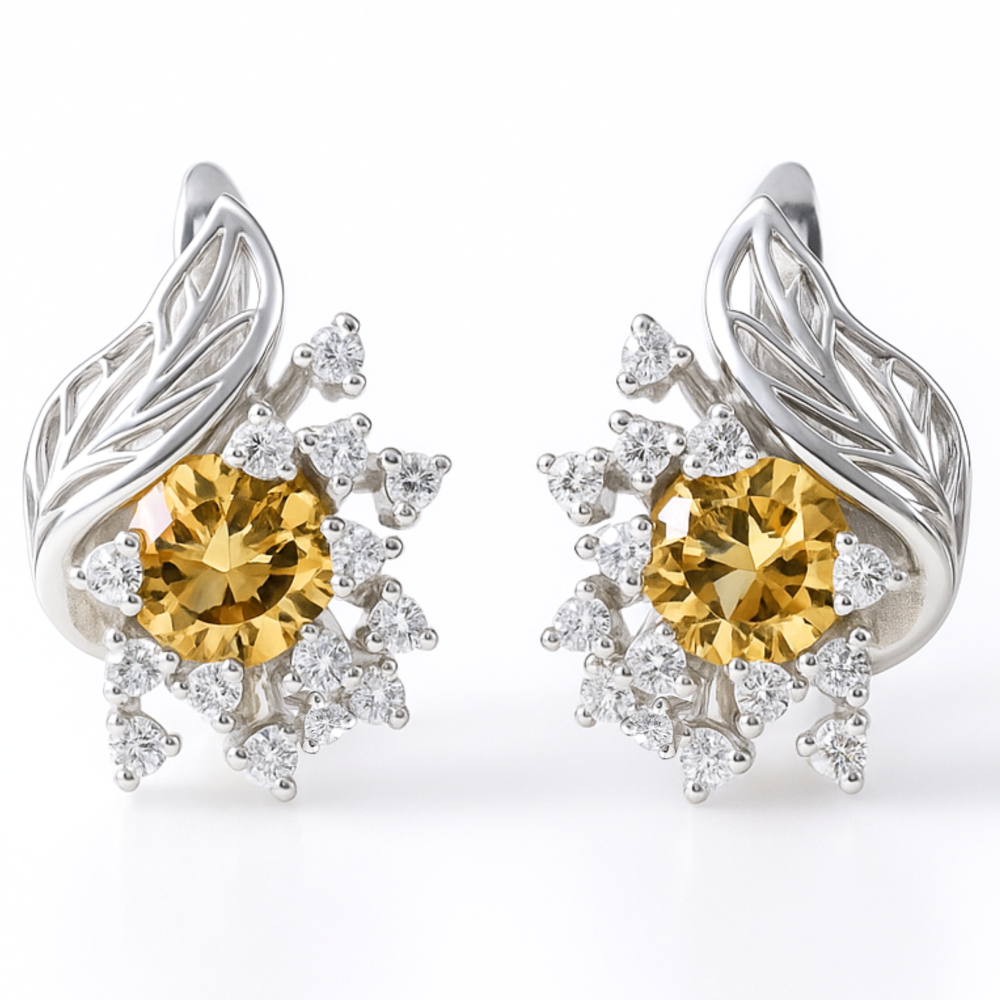 Yellow Natural Citrine Silver Floral Earrings
