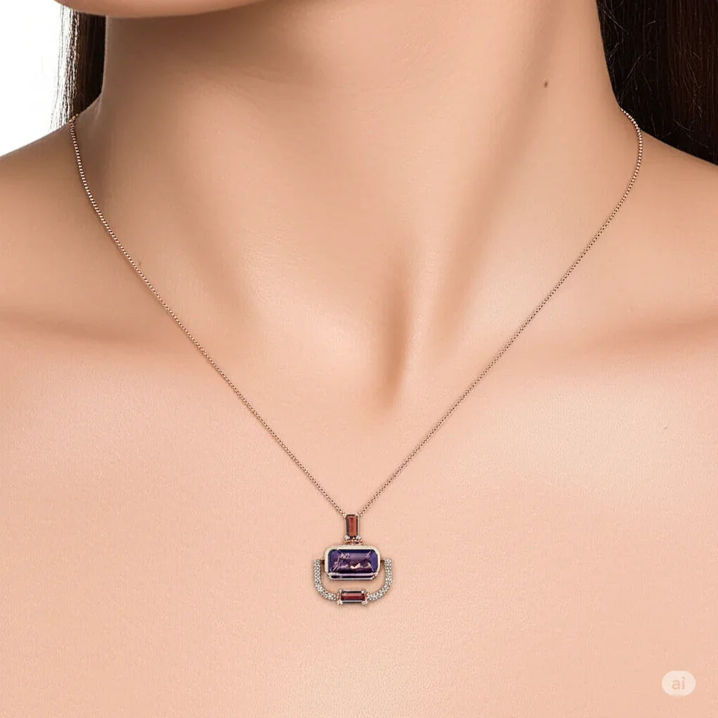 Rose Gold Emerald Cut Natural Amethyst Pendant Necklace
