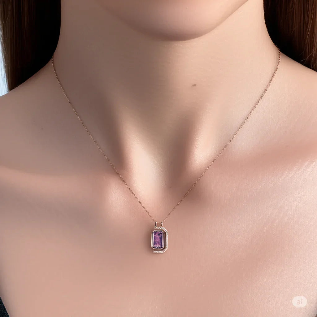 Pink Gold Emerald Cut Amethyst Pendant Necklace