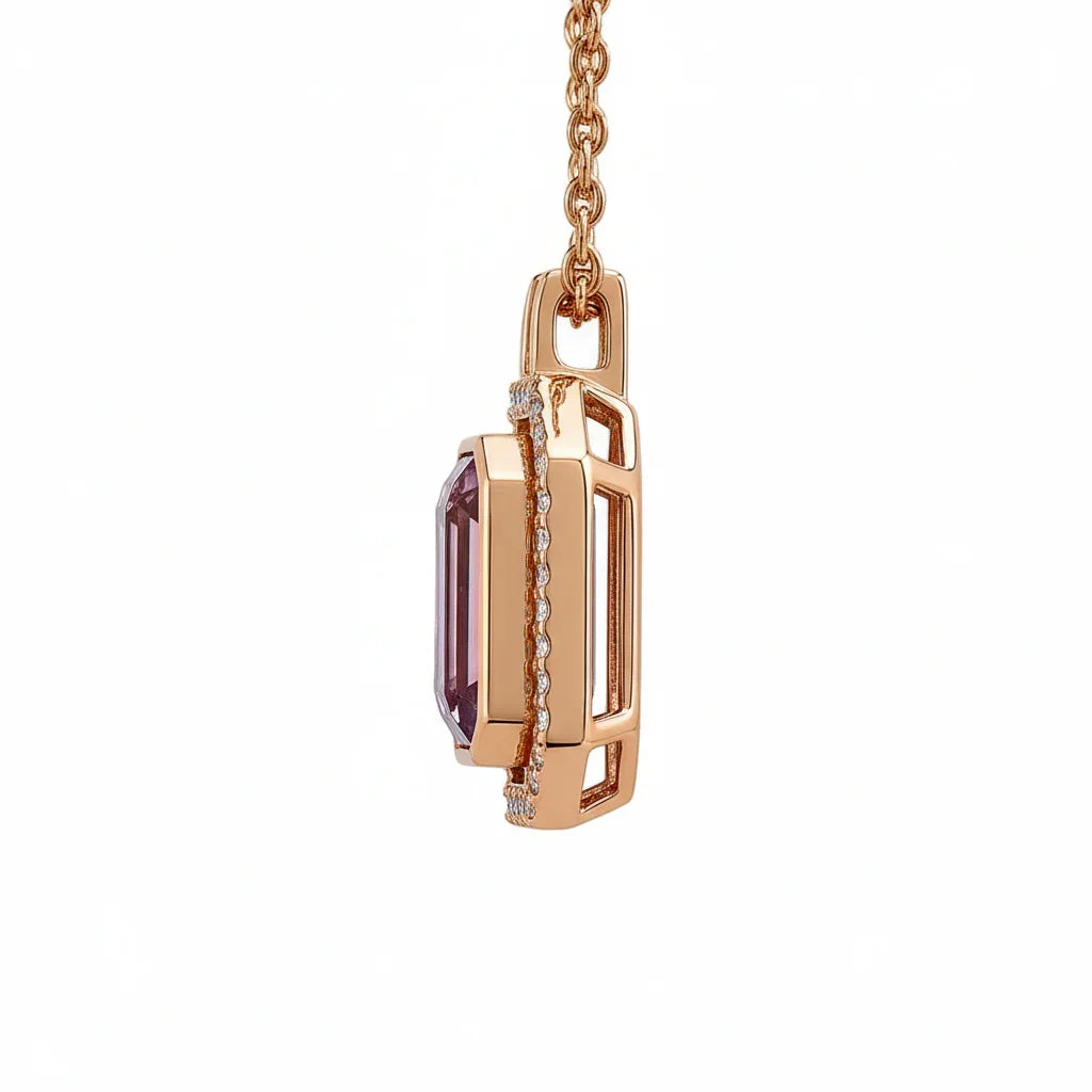 Pink Gold Emerald Cut Amethyst Pendant Necklace