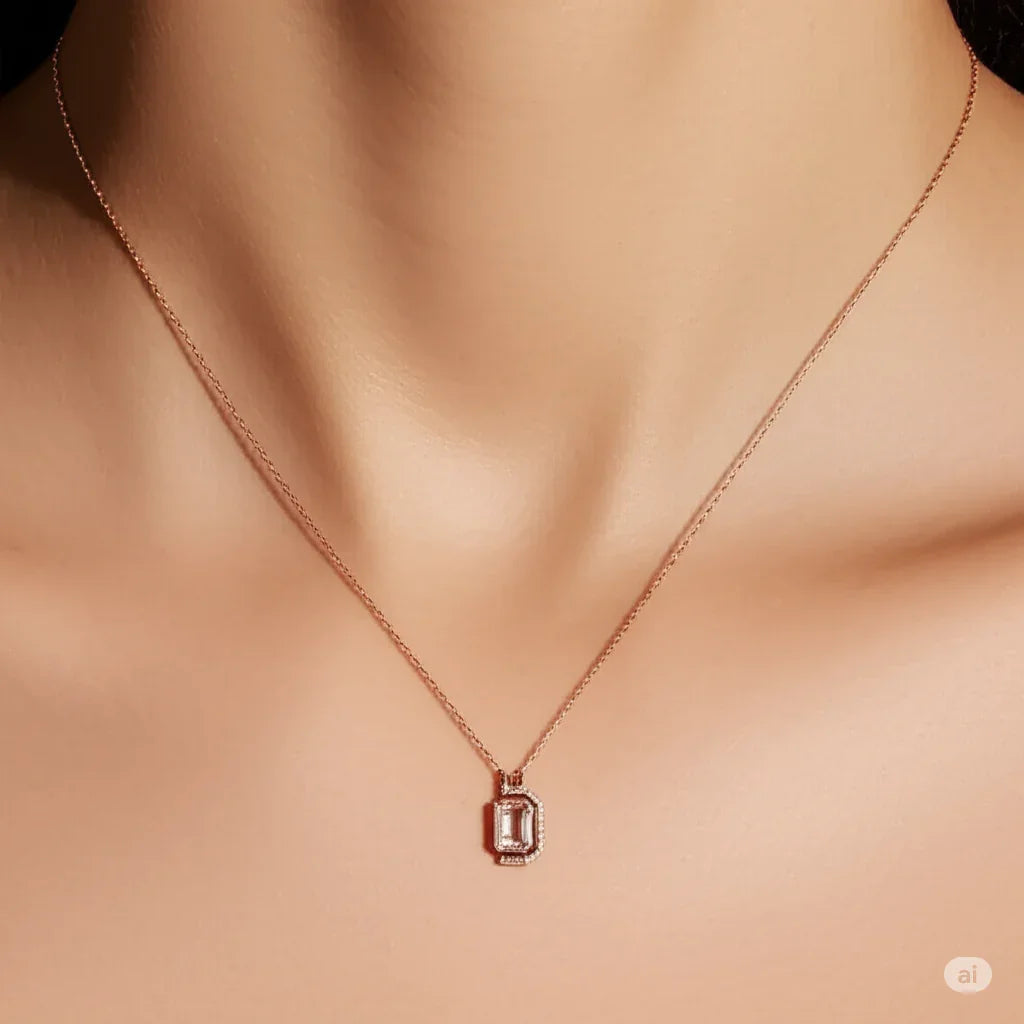 Pink Gold Rose Quartz Emerald Cut Pendant Necklace