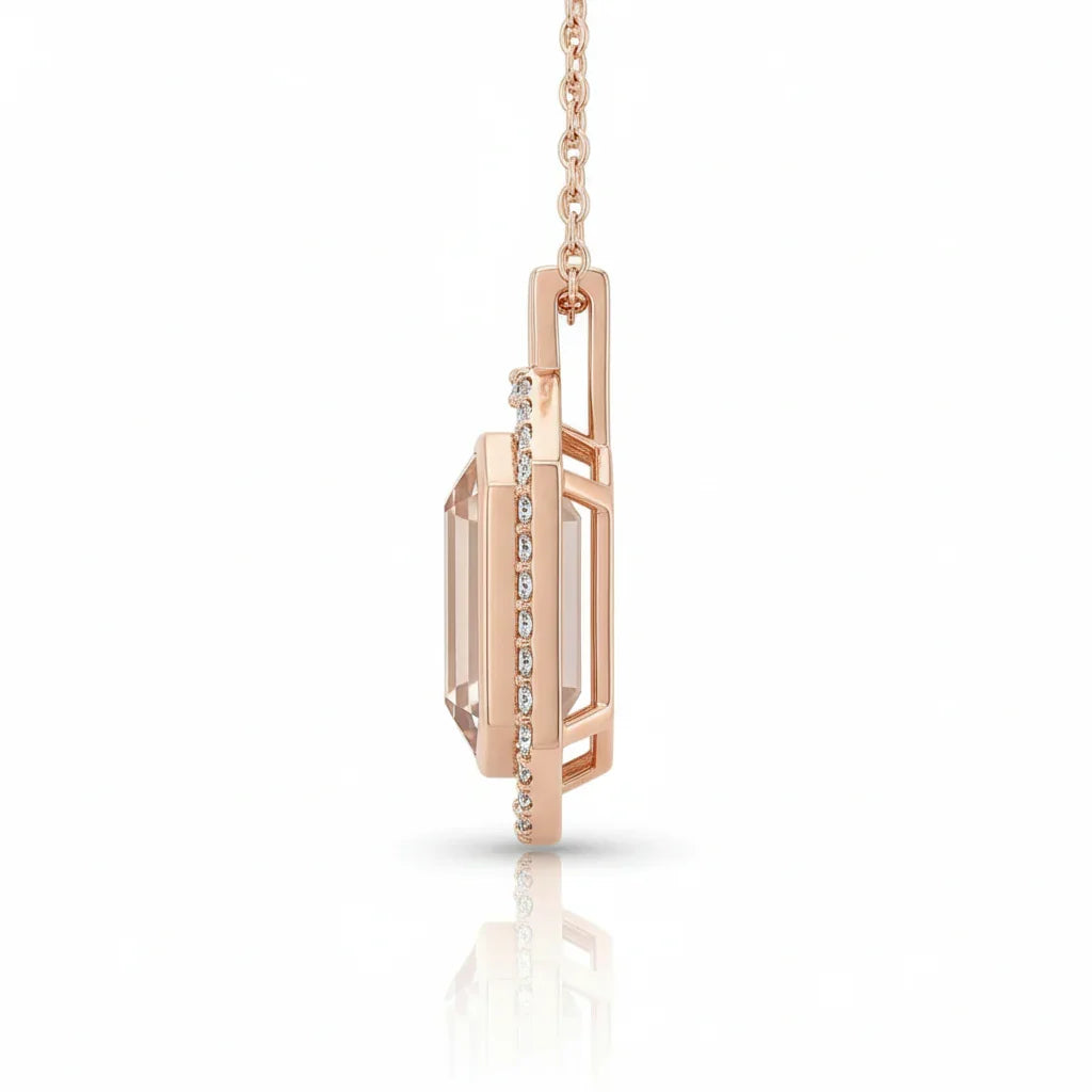 Pink Gold Rose Quartz Emerald Cut Pendant Necklace