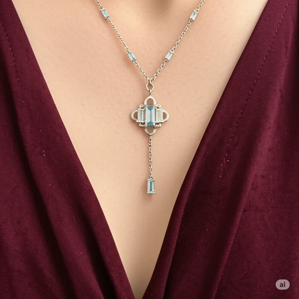 Natural Sky Blue Topaz Y Drop Necklace Silver