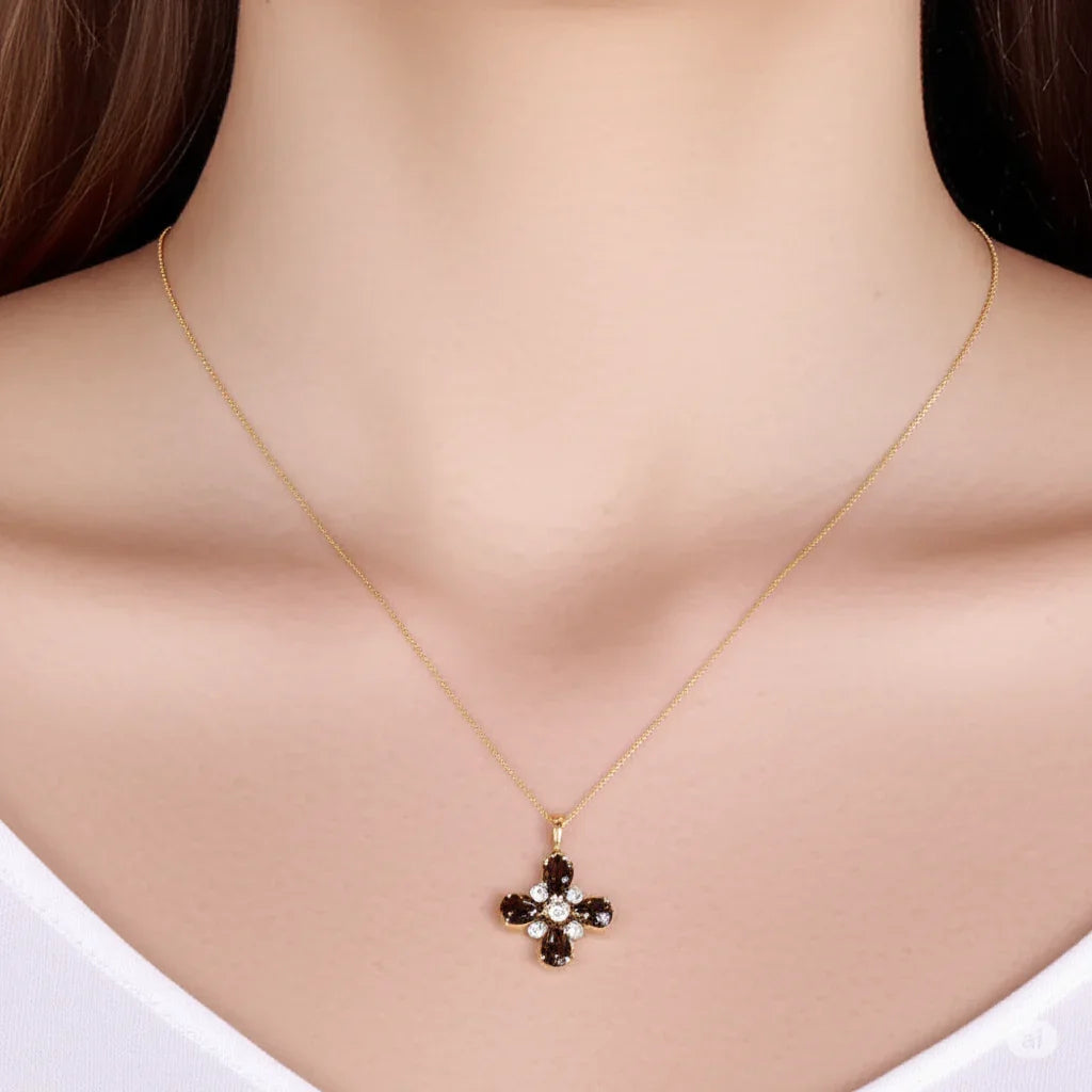 Natural Smoky Quartz Dainty Four Clover Necklace