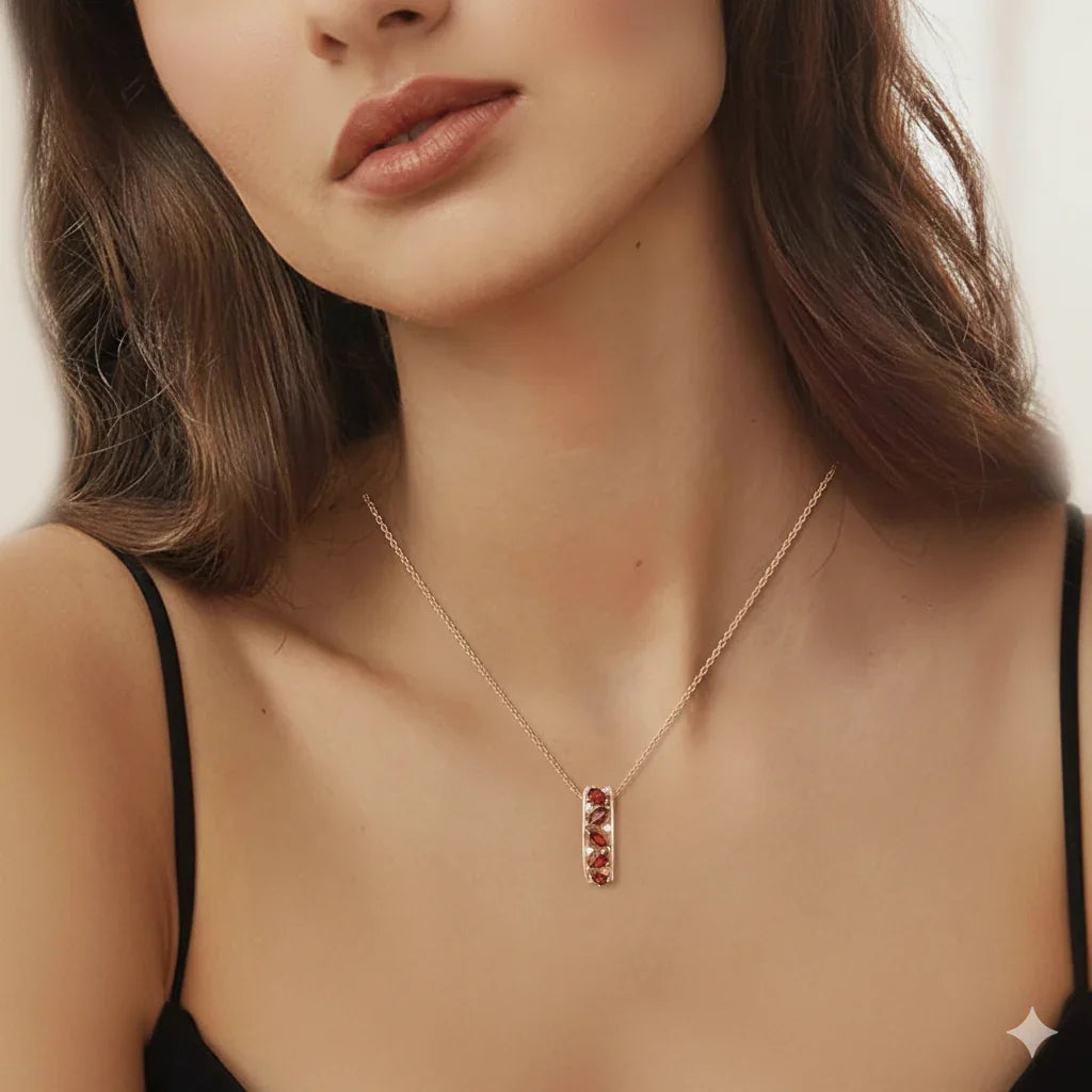 Natural Garnet Vertical Drop Pendant Necklace
