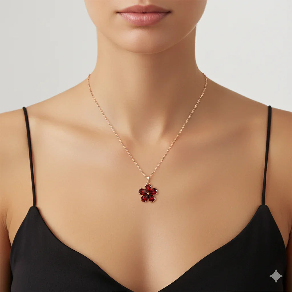 Natural Garnet Floral Pendant Necklace Silver