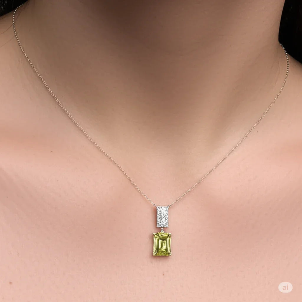 Emerald Cut Lemon Quartz Pendant Necklace