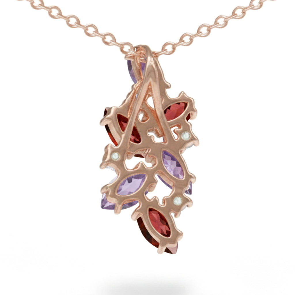 Natural Garnet & Amethyst Silver Cluster Pendant Necklace