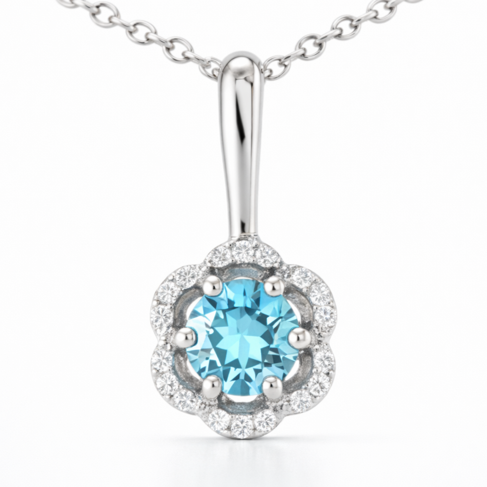 Natural Sky Blue Topaz Silver Floral Pave Necklace