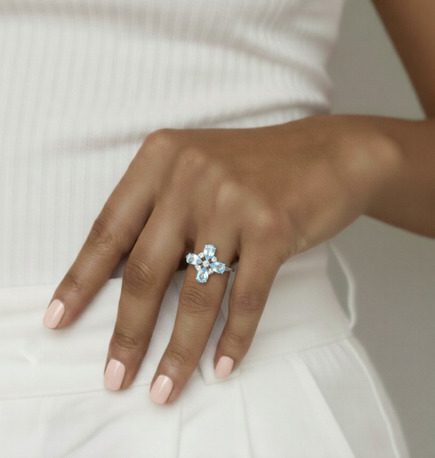 Natural Sky Blue Topaz Silver Leaf Clover Ring