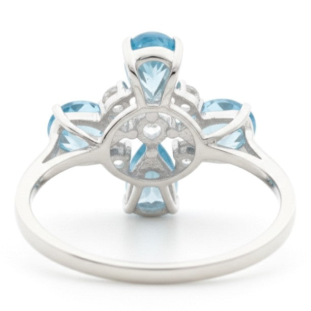 Natural Sky Blue Topaz Silver Leaf Clover Ring