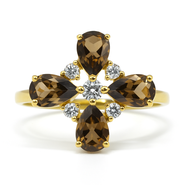 Natural Smoky Quartz Silver Leaf Clover Ring