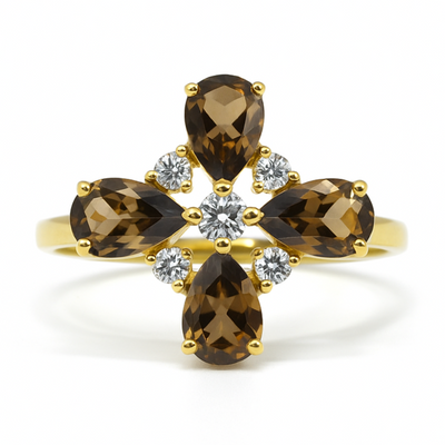 Natural Smoky Quartz Silver Leaf Clover Ring