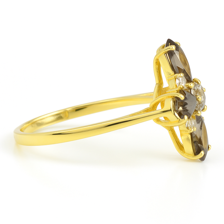 Natural Smoky Quartz Silver Leaf Clover Ring