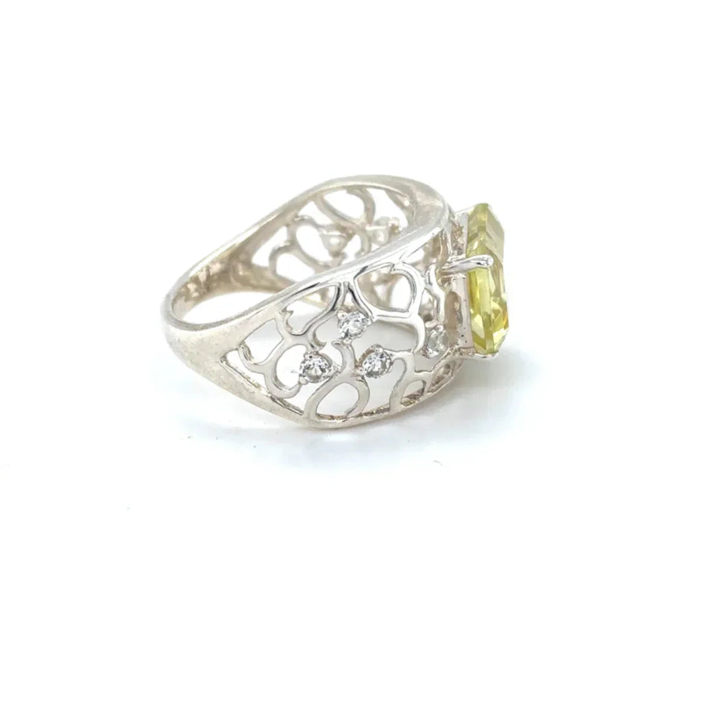 Emerald Cut Lemon Quartz Silver Filigree Ring