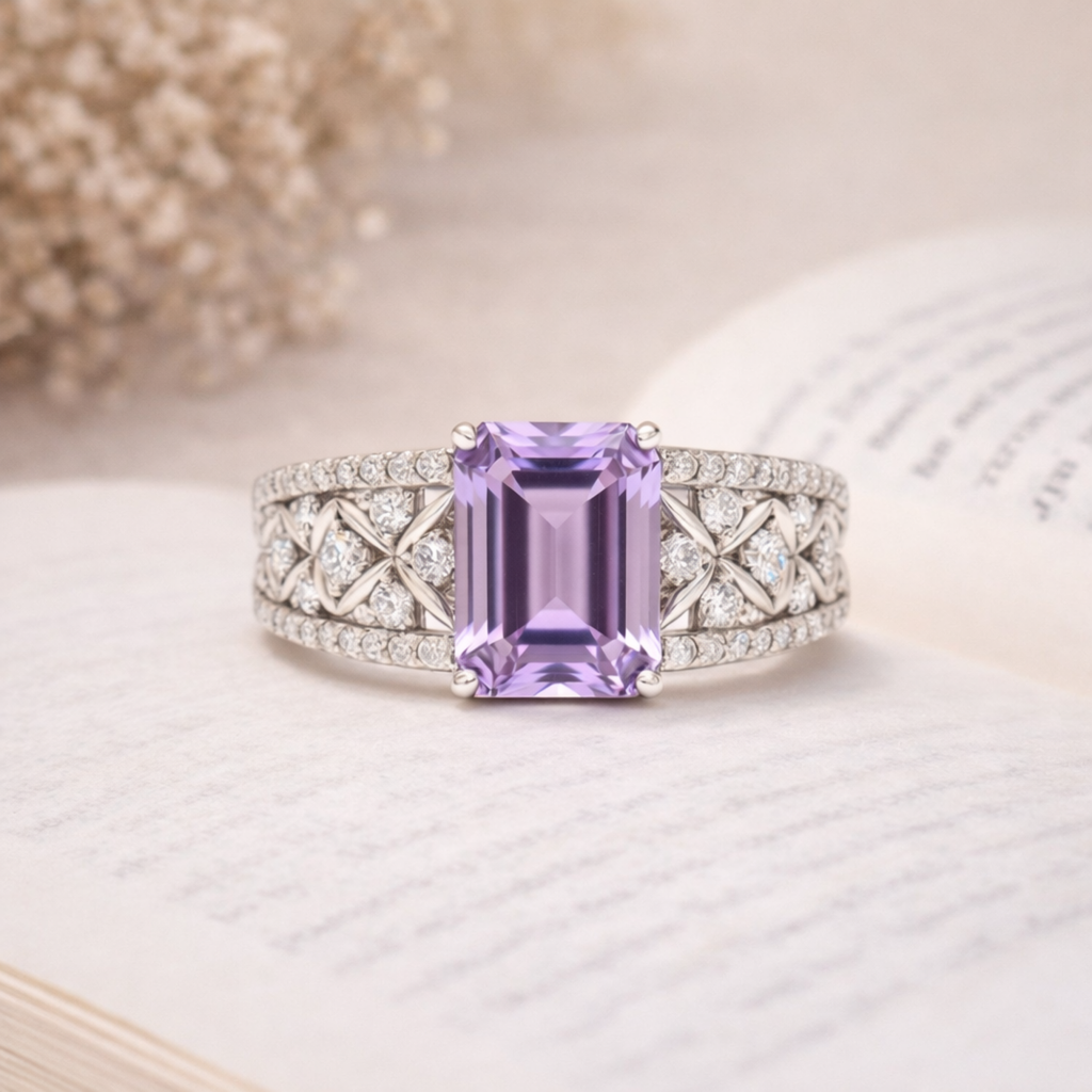 Emerald Cut Natural Amethyst Silver Statement Ring