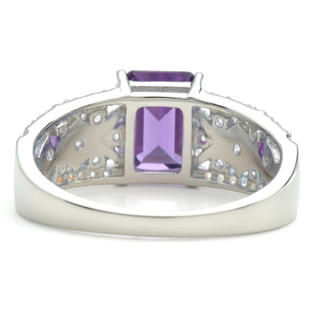 Emerald Cut Natural Amethyst Silver Statement Ring