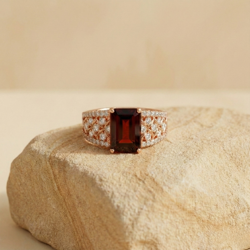Emerald Cut Garnet and White Topaz Silver Ring