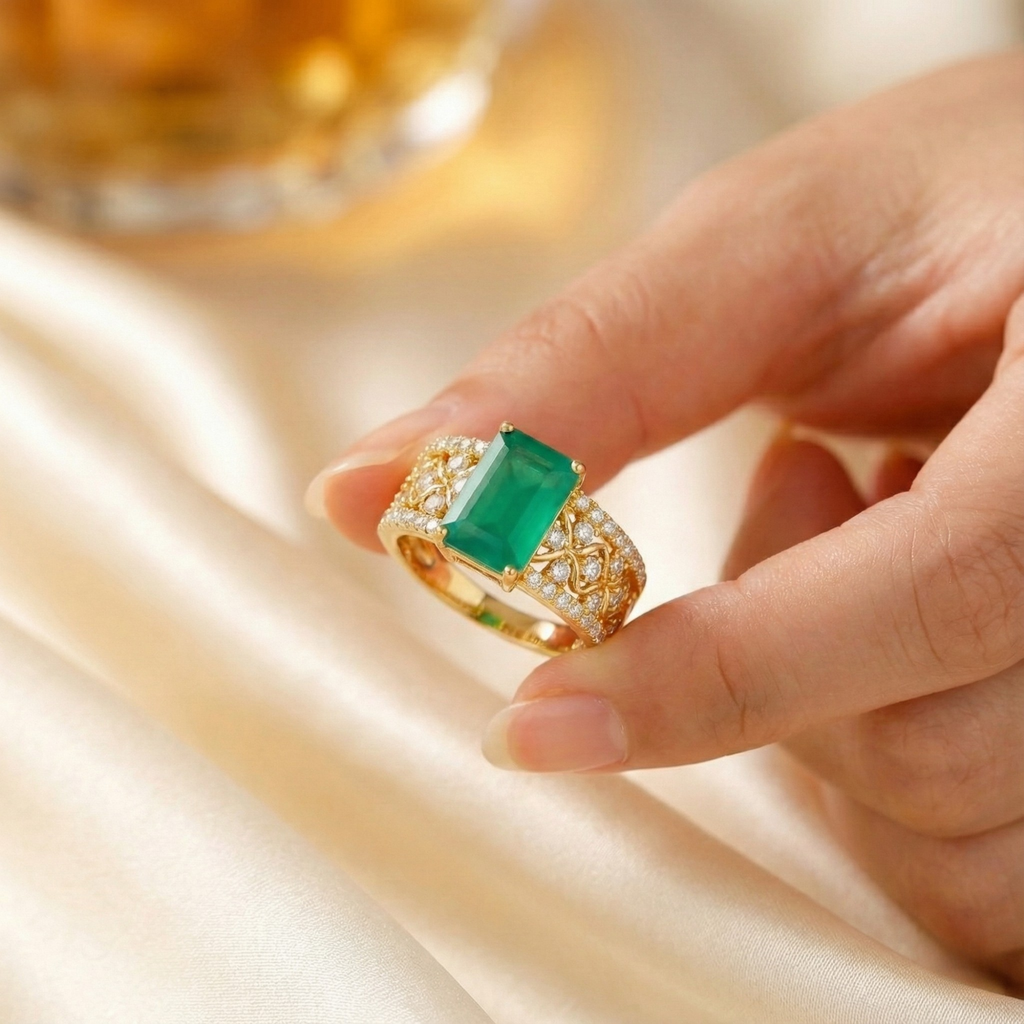 Emerald Cut Natural Green Agate Silver Statement Ring