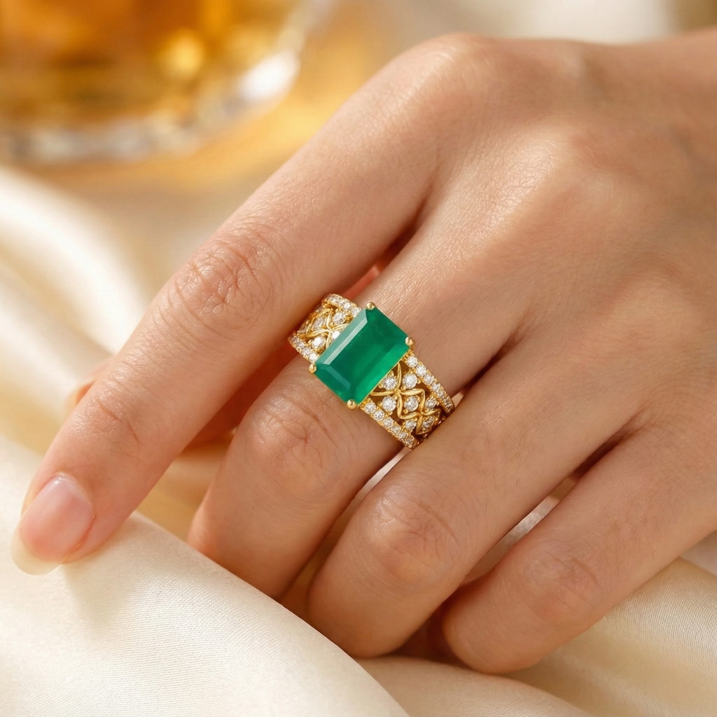 Emerald Cut Natural Green Agate Silver Statement Ring