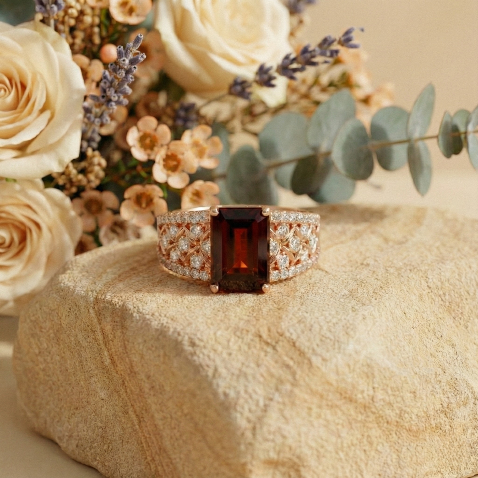 Emerald Cut Garnet and White Topaz Silver Ring