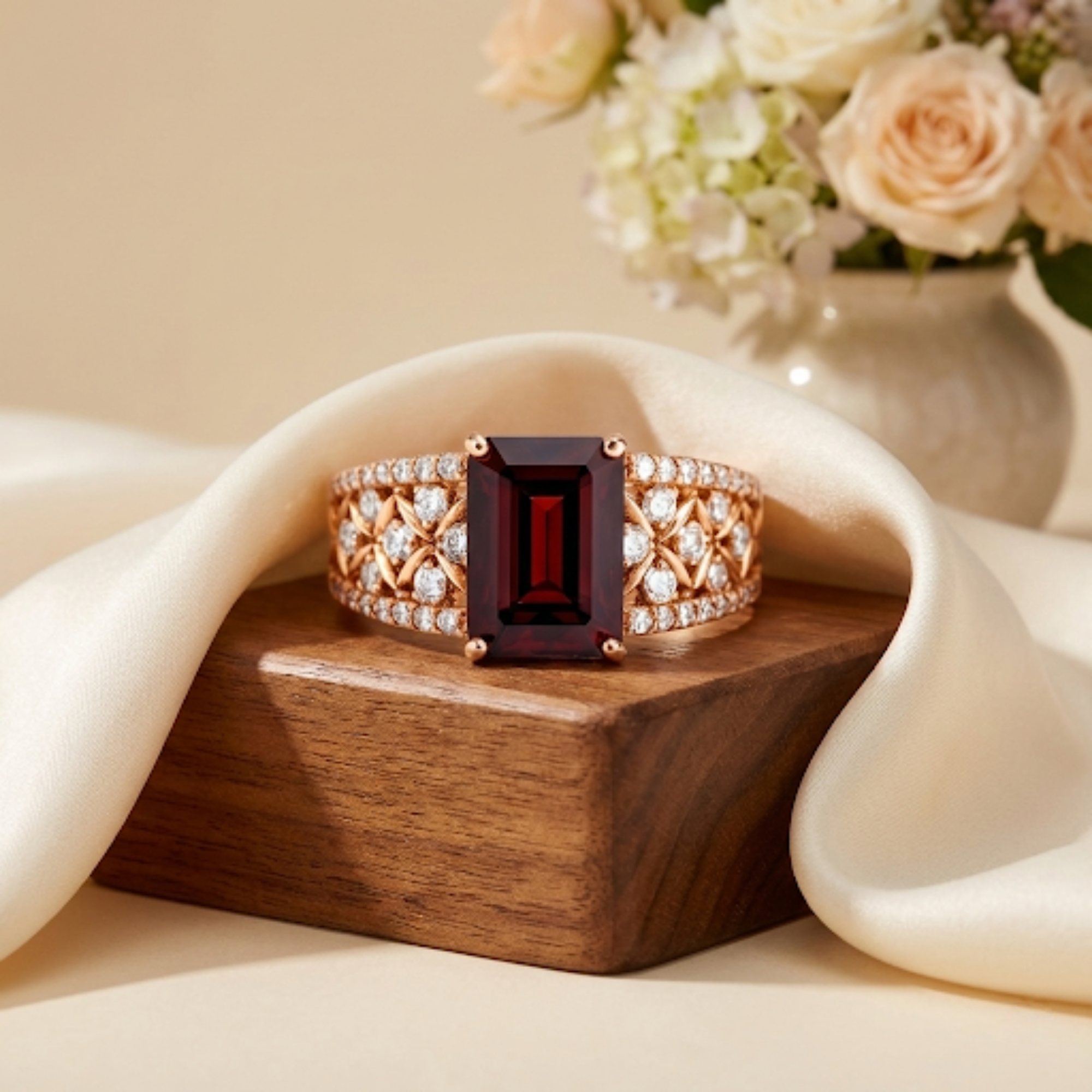 Emerald Cut Garnet and White Topaz Silver Ring