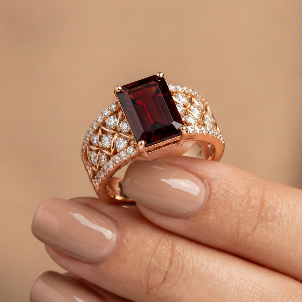 Emerald Cut Garnet and White Topaz Silver Ring